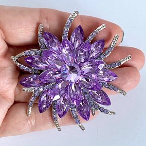 Purple Rhinestones Flower Large Crystal Floral Brooch Silver Tone 2.5in